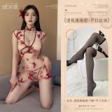Burgundy (see-through cheongsam dress + thong pants + black boxer stockings)