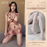 Burgundy (see-through cheongsam dress + thong + white fishnet stockings)