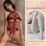 Burgundy (open-crotch bodysuit with cutouts + lace fishnet stockings)