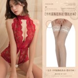 Burgundy (open-crotch bodysuit with exposed chest + lace stockings)