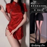 Sexy red nightgown + black glossy stockings