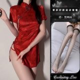 Sexy red nightgown + black fishnet stockings