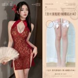 Burgundy (exquisite lace cheongsam + T-shirt + white bow-tie stockings)