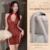 Burgundy (exquisite lace cheongsam + T-shirt + white flat stockings)