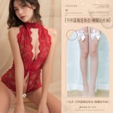 Burgundy (open-crotch bodysuit with exposed chest + bow-tie stockings)