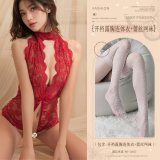 Burgundy (open-crotch bodysuit with exposed chest + lace fishnet stockings)