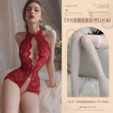 Burgundy (open-crotch bodysuit with exposed chest + flat-top stockings)