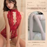 Burgundy (open-crotch bodysuit with exposed chest + flat-top stockings)