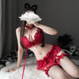 Burgundy suit + white lace fishnet stockings