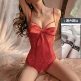 Open-crotch top (red) - fishnet stockings included