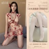 Burgundy (see-through cheongsam dress + thong + open-crotch tights)