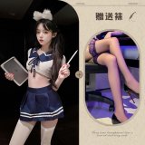 Sailor uniform, white and blue, with purple stockings