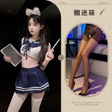 Sailor uniform, white and blue, with black open-crotch socks