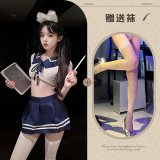 Sailor uniform, white and blue + white fishnet stockings