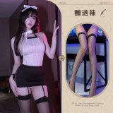 Secretary outfit + black fishnet stockings