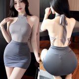 Hot secretary in a bodycon skirt and stockings