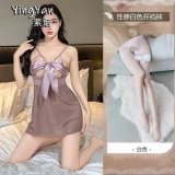 0803 [Breast Support] Light Purple Butterfly Nightgown + Panties + White Open Crotch Stockings