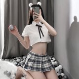 Top + gray plaid skirt + ribbon