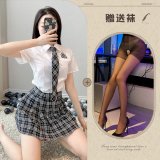 Top + skirt + tie + black open-crotch socks