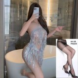 Silver Latin skirt + black open-crotch stockings