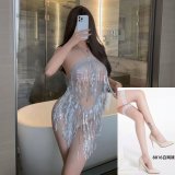 Silver Latin skirt + white fishnet stockings