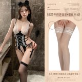 (One-piece open-crotch bodysuit + white lace stockings)