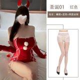 Nightgown set + hair accessory + white open-crotch stockings