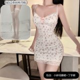 A sweet floral print dress + white 3D stockings