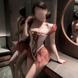 Strawberry-inspired chocolate bodysuit + white fishnet stockings