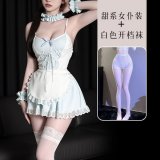 Cute maid + white open-crotch stockings