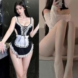 Sweet and alluring cute maid set (4 pieces) + white open-crotch stockings