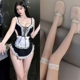 Sweet and alluring cute maid outfit [four-piece set] + white fishnet stockings