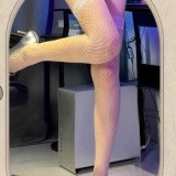 Sweetheart. Red suit + white lace fishnet stockings
