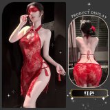 A flowing red cheongsam paired with a T-shirt.