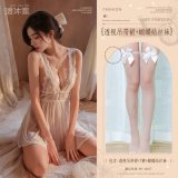 White (back-slit halter dress + thong + bow-tie stockings)