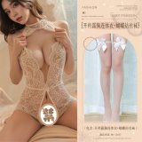White (open-crotch bodysuit with exposed chest + bow-tie stockings)