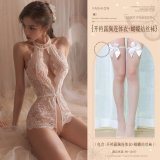 White (open-crotch bodysuit with exposed chest + bow-tie stockings)