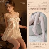 White (hollowed-out halter dress with exposed breasts + white fishnet stockings)