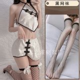 White halter-neck cheongsam [includes T-shirt and black fishnet stockings]