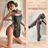 White (lace-up cheongsam dress + T-shirt + open-crotch tights)