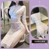 White cheongsam + white fishnet stockings