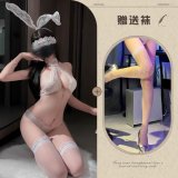 White + eye mask + white fishnet stockings