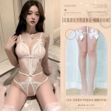 White (floral lace open-crotch bodysuit + bow-tie stockings)