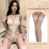 White (floral lace open-crotch bodysuit + matching stockings)