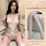 White (floral lace open-crotch bodysuit + boxer stockings)