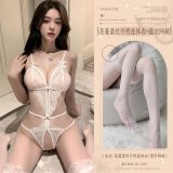 White (floral lace open-crotch bodysuit + lace fishnet stockings)
