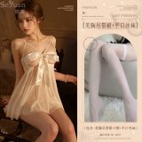 White (hollowed-out halter dress with exposed breasts + flat stockings)