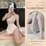White (lace cheongsam + apron + thong + white fishnet stockings)