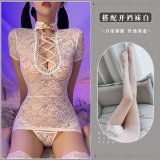 White [lace cheongsam + T-shirt + white open-crotch socks]