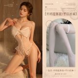 White (large bow crotchless bodysuit + boxer stockings)